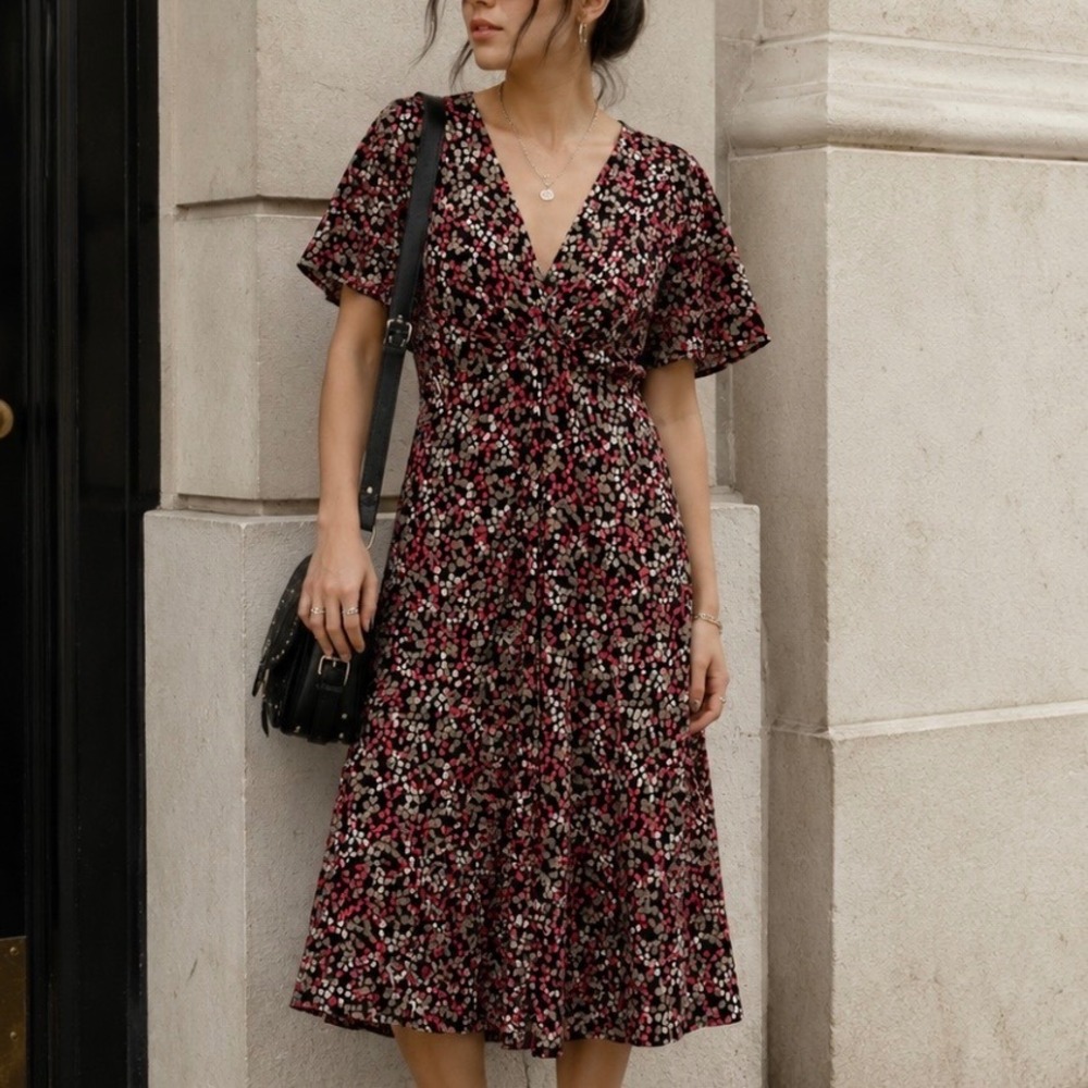 Chaps Polka Dot Faux Wrap Babydoll Midi Dress XL Flutter Slinky Romantic Pink‎